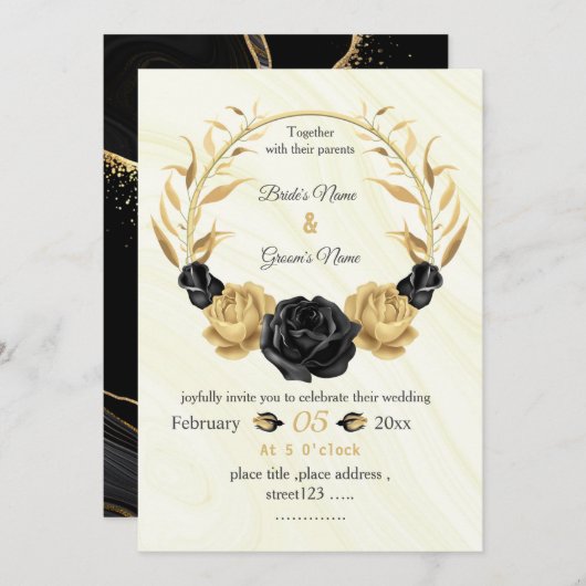 Botanische Kranzhochzeit in Gold und Schwarz-Blume Einladung (Vorne/Hinten)