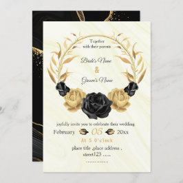 Botanische Kranzhochzeit in Gold und Schwarz-Blume Einladung