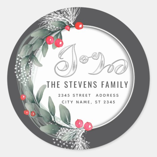 Botanische Kranzschrift Wasserfarbe Freude Winter Runder Aufkleber (Vorderseite)