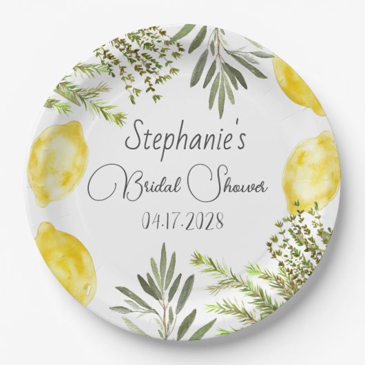Botanische Kräuter Zitronen Aquarell-Junggesellinn Pappteller (Vorderseite)