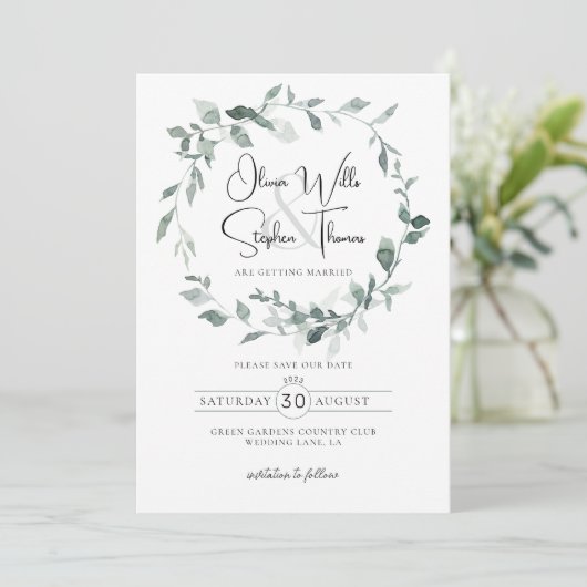 Botanische Landschaft Dusty Grüne Save the Date Einladung (Stehend Vorderseite)