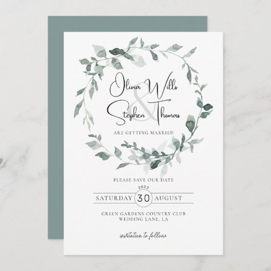 Botanische Landschaft Dusty Grüne Save the Date Einladung (Vorne/Hinten)