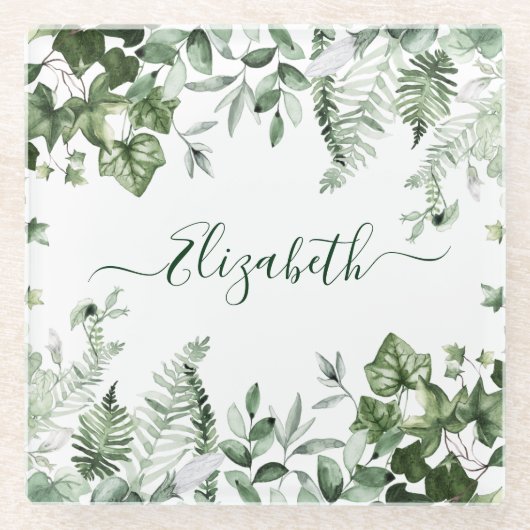 Botanische Landschaft Wasserfarbe Ivy Ferns Sage Glasuntersetzer (Vorderseite)