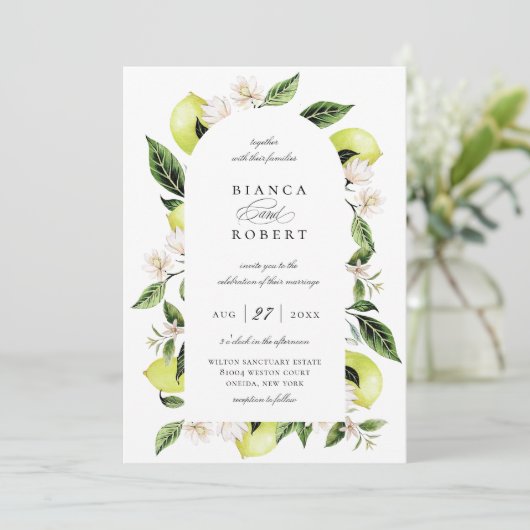 Botanische Lemon Arch Frame Wedding Einladung (Stehend Vorderseite)