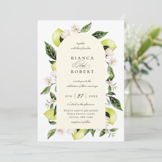 Botanische Lemon Arch Frame Wedding Einladung (Stehend Vorderseite)