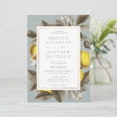 Botanische Lemon-Blätter Wedding Dusty Blue Einladung (Stehend Vorderseite)