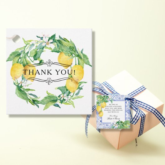 Botanische Lemon Wreath Blue White Farmhouse Tile Geschenkanhänger