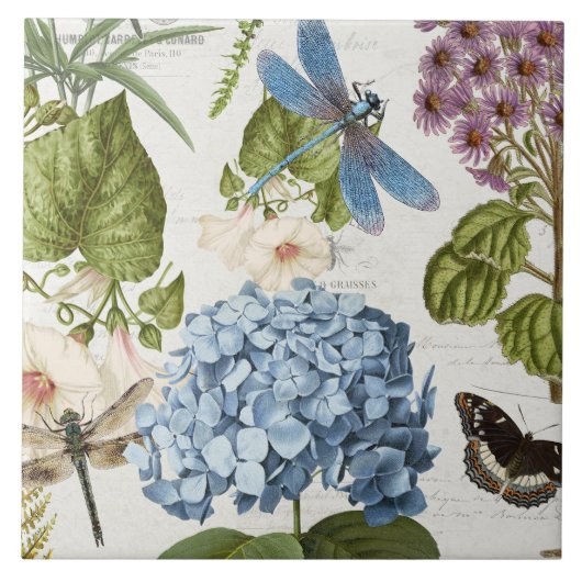 Botanische Libellen-Blumengarten-Blumen-Vintage 4 Fliese (Vorderseite)