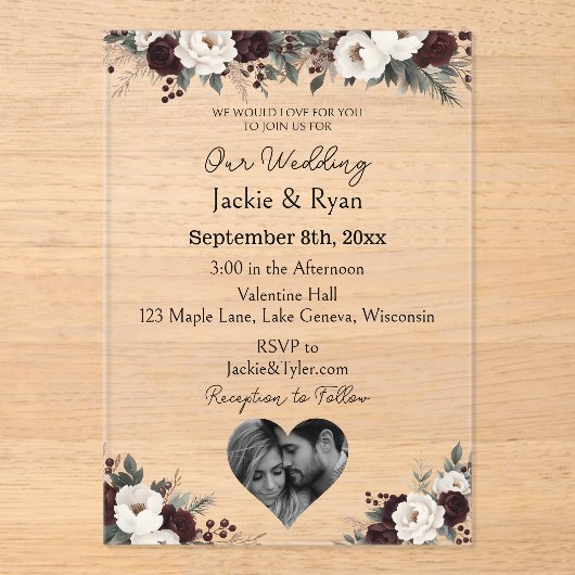 Botanische, lichtdurchlässige Hochzeit Acryleinladungen (Vorderseite)