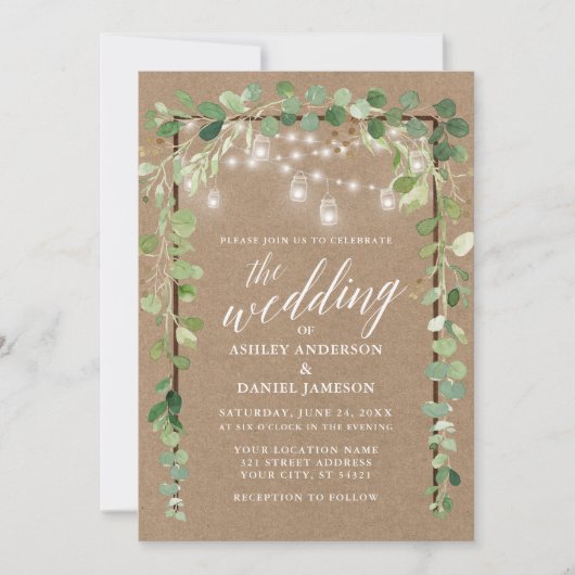 Botanische Lichter Holz Kalligrafie Kraft Hochzeit Einladung (Vorderseite)