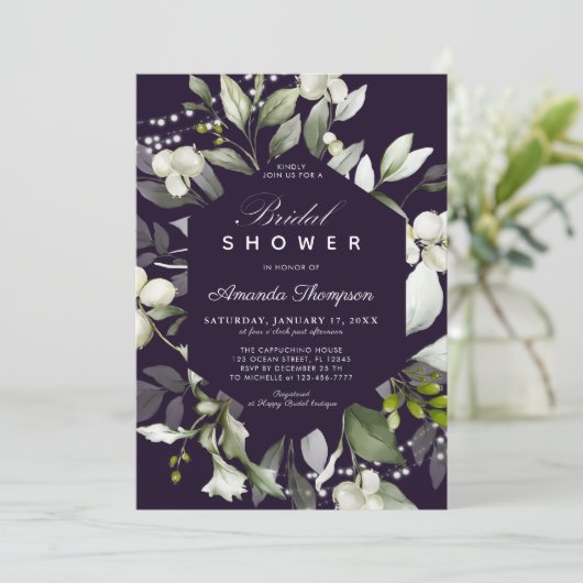 Botanische Lichter | Lila Brautdusche Einladung (Stehend Vorderseite)
