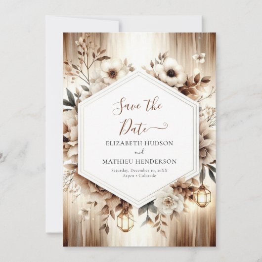 Botanische Lichter Rustikale Hochzeit Save The Date (Vorderseite)