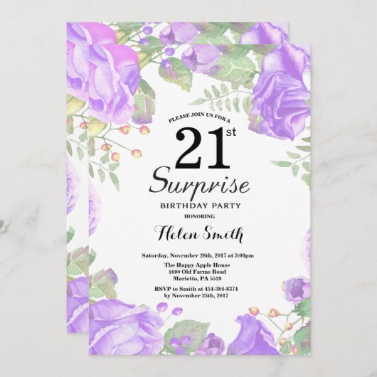 Botanische Lila Blumenüberraschung 21. Geburtstag Einladung (Vorne/Hinten)