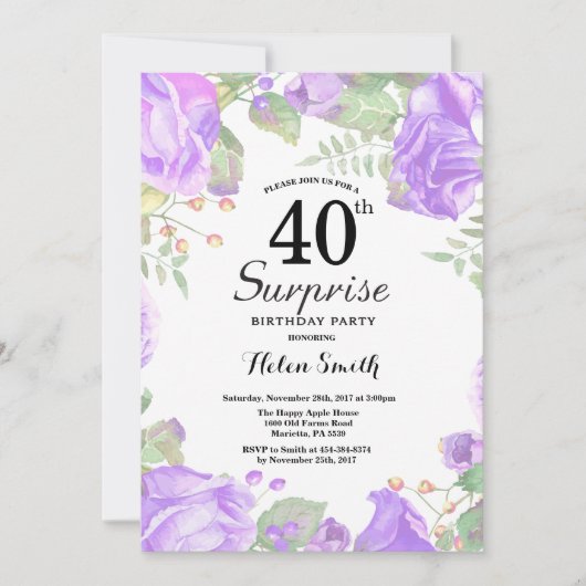 Botanische Lila Blumenüberraschung 40. Geburtstag Einladung (Vorderseite)