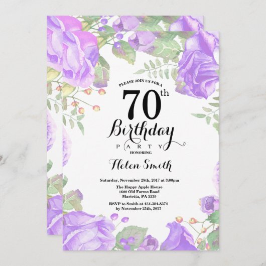 Botanische Lila Blüte 70. Geburtstag Einladung (Vorne/Hinten)
