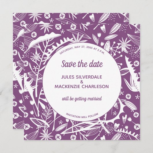 Botanische Lila Foliage Save the Date Einladung (Vorne/Hinten)