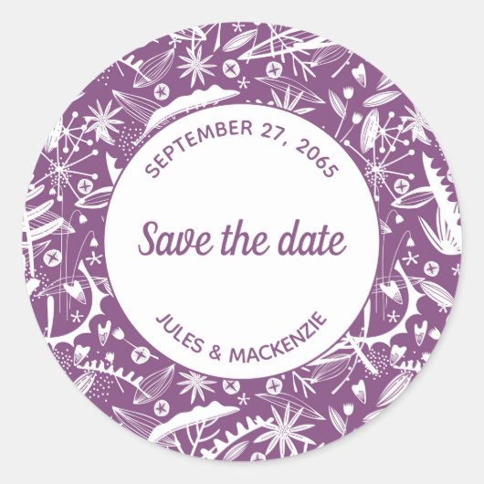 Botanische Lila Foliage Save the Date Runder Aufkleber (Vorderseite)