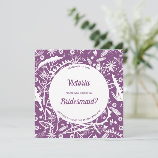 Botanische Lila Folien werden meine Bridesmaid sei Einladung (Stehend Vorderseite)