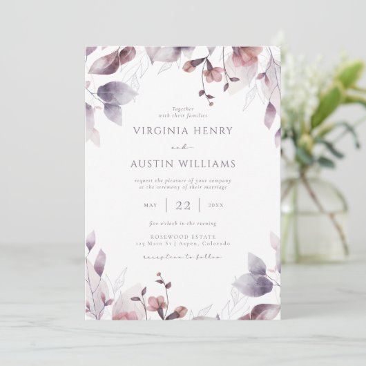 Botanische Lila Hochzeit Einladung (Stehend Vorderseite)