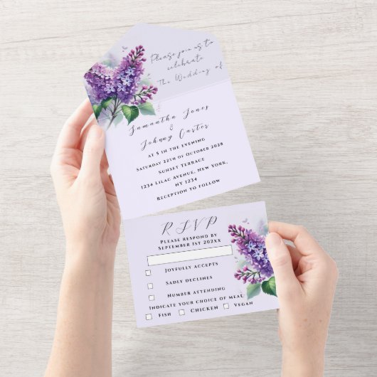 Botanische Lila Hochzeit mit Flora und Fauna All In One Einladung (Abreißen)