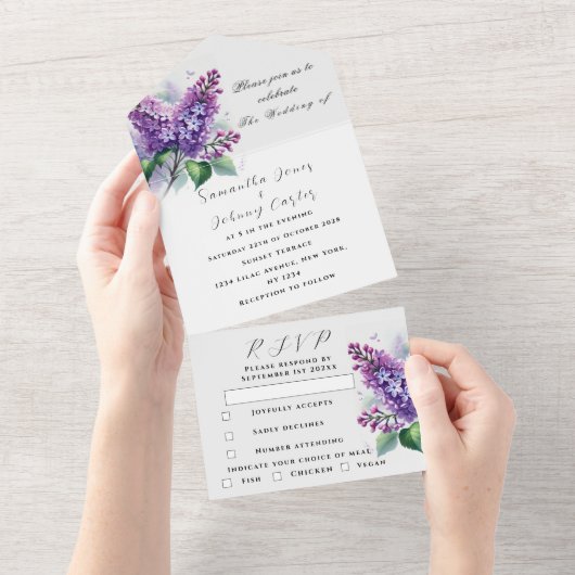 Botanische Lila Hochzeit mit Flora und Fauna All In One Einladung (Abreißen)