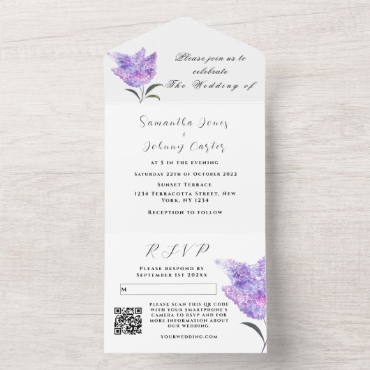 Botanische Lila Lila Blumenhochzeit All In One Einladung (Innen Boden)