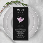 Botanische Lila Magnolia Menükarte<br><div class="desc">Erstellen Sie ein Menü für Ihren Hochzeitsempfang oder besondere Veranstaltung mit einer eleganten Aquarell lila Magnolienblüte auf schwarzem Hintergrund und Ihre Speisekarte. PAKETE IN unserem Geschäft.</div>