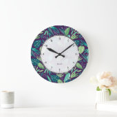 Botanische Lila und grüne Blätter Nahtloses Muster Große Wanduhr (Zuhause)