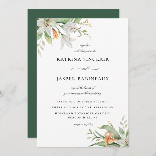 Botanische Lily-Floral-Hochzeit Einladung (Vorne/Hinten)