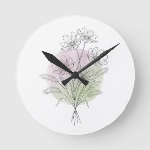 Botanische Line-Art-Farn-Wildblume-Rosa-Grün⁠ Runde Wanduhr
