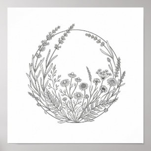 Botanische Line-Art-Kreisrahmen-Quadrat-Plakat Poster