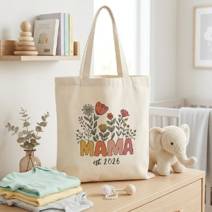 Botanische Mama Est-Jahr Retro-Blumen-Schriftzug Tragetasche