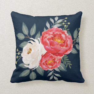 Botanische Marine, Rot u. Elfenbein mit Blumen Kissen