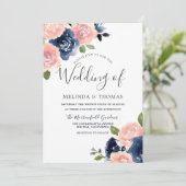 Botanische Marine- und Blush-Blume Hochzeit auf el Einladung (Stehend Vorderseite)