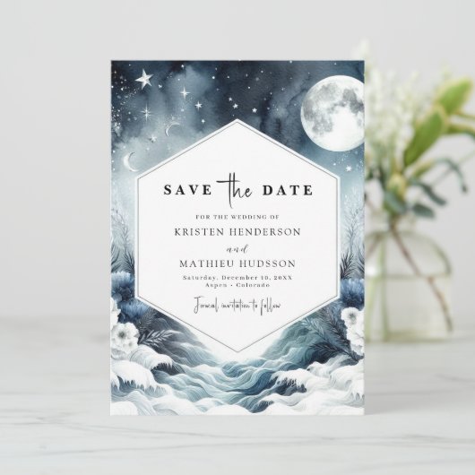Botanische Minimalistische Mondlichthochzeit Save The Date (Stehend Vorderseite)