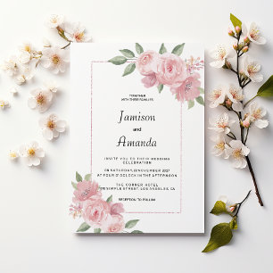 Botanische Minzgrün-Pastellrosa-Blumenhochzeit Einladung