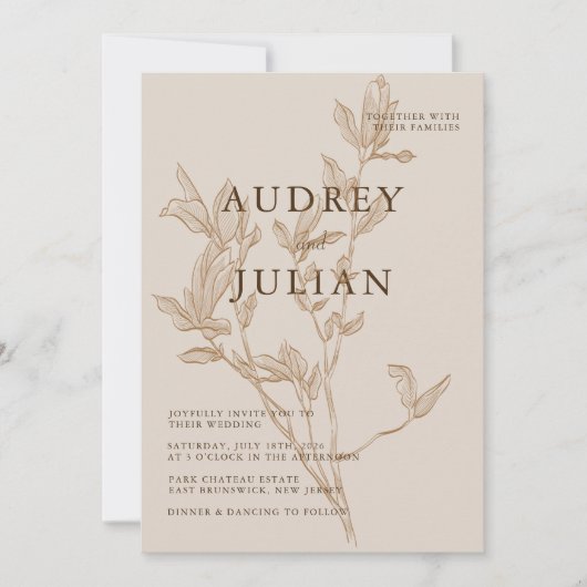 Botanische Mocha Leaf Wedding Einladung (Vorderseite)