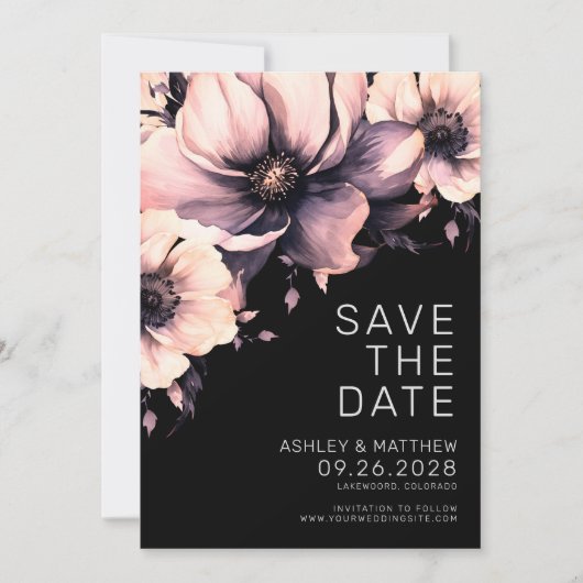 Botanische Moderne elegante Schwarz-Rosa-Blumenhoc Save The Date (Vorderseite)