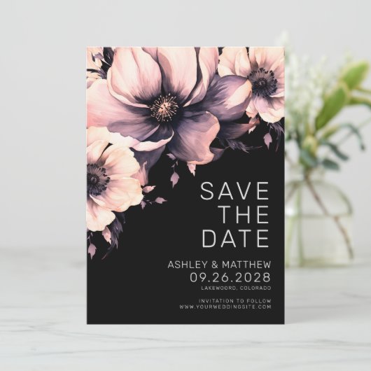 Botanische Moderne elegante Schwarz-Rosa-Blumenhoc Save The Date (Stehend Vorderseite)