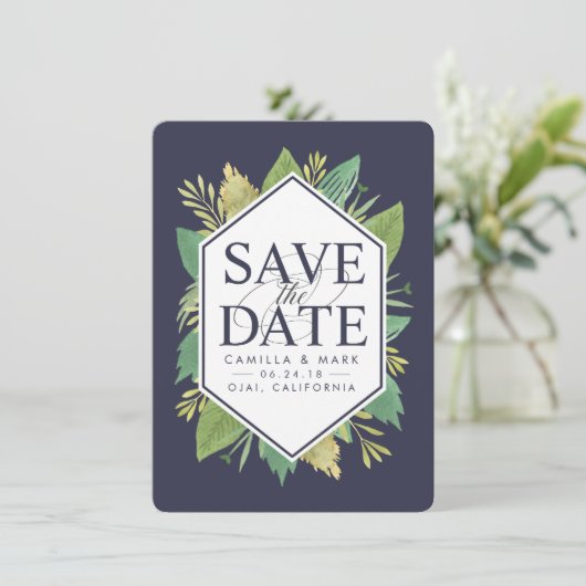 Botanische moderne Save the Date-Karte mit Foto-Rü Save The Date (Stehend Vorderseite)