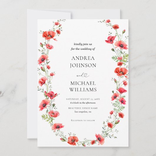 Botanische Mohnrahmen-Blume Herz-Script-Hochzeit Einladung (Vorderseite)