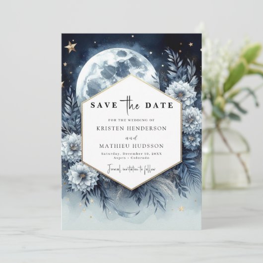 Botanische Mondlicht-Hochzeit Save The Date (Stehend Vorderseite)