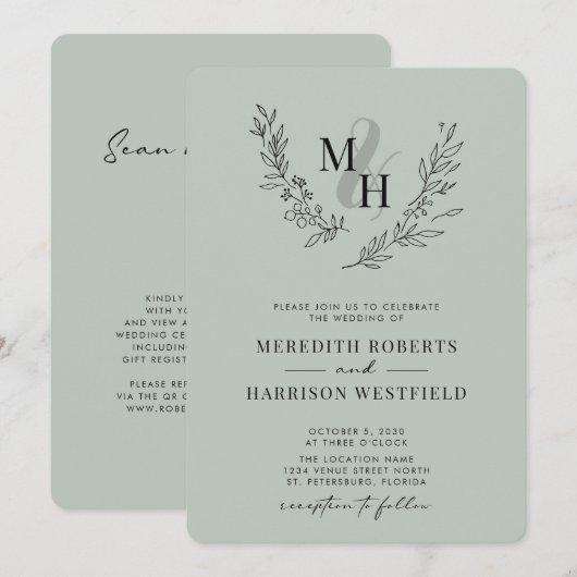 Botanische Monogram Wreath QR Code Sage Wedding In Einladung (Vorne/Hinten)