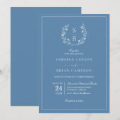 Botanische Monogram Wreath Royal Blue Wedding Einladung (Vorne/Hinten)
