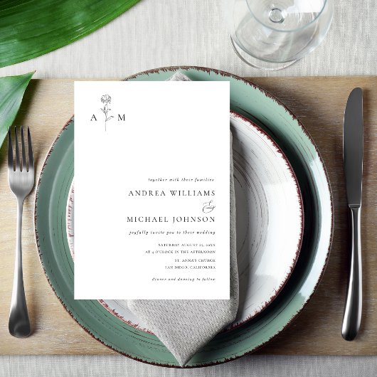 Botanische Monogramm Ampere und Schlichte Weiße Ho Einladung