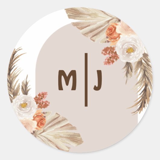 Botanische Monogramm Boho Pampas Grass Wedding Runder Aufkleber (Vorderseite)