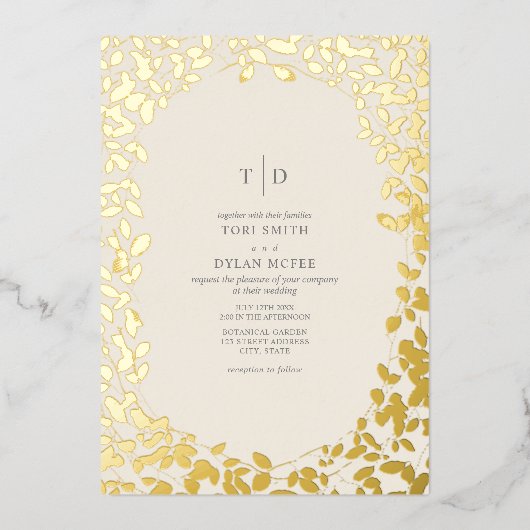 Botanische Monogramm-Initialen von weißer Hochzeit Folieneinladung (Vorderseite)