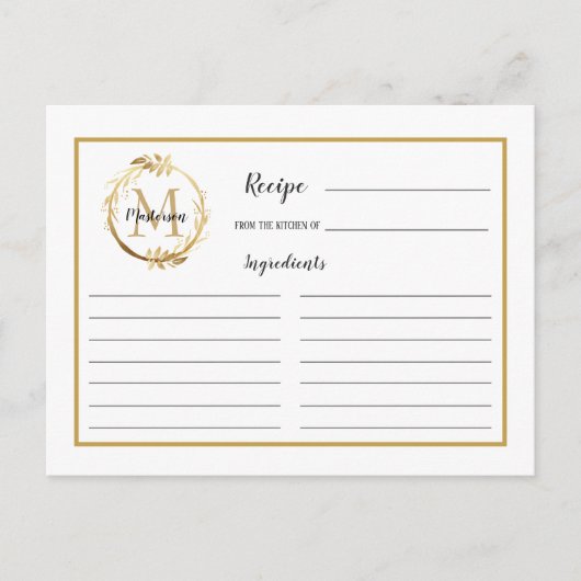 Botanische Monogramm-Rezept-Karte aus weißem Gold Postkarte (Vorderseite)