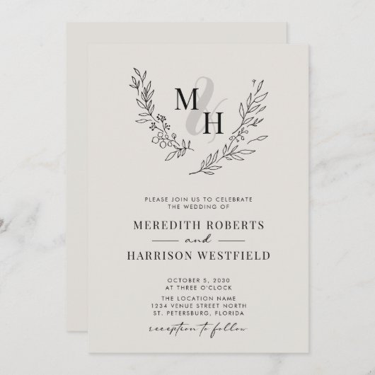 Botanische Monogramm Wreath QR Code Eggshell Weddi Einladung (Vorne/Hinten)