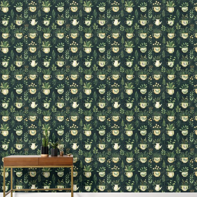 Botanische Muster Blume Pots Pflanze liebt Grün Tapete (Korridor)